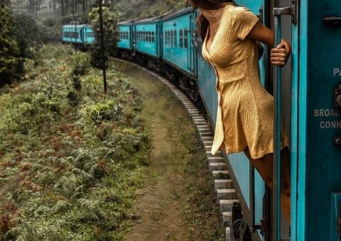 девушка в платье на поезде